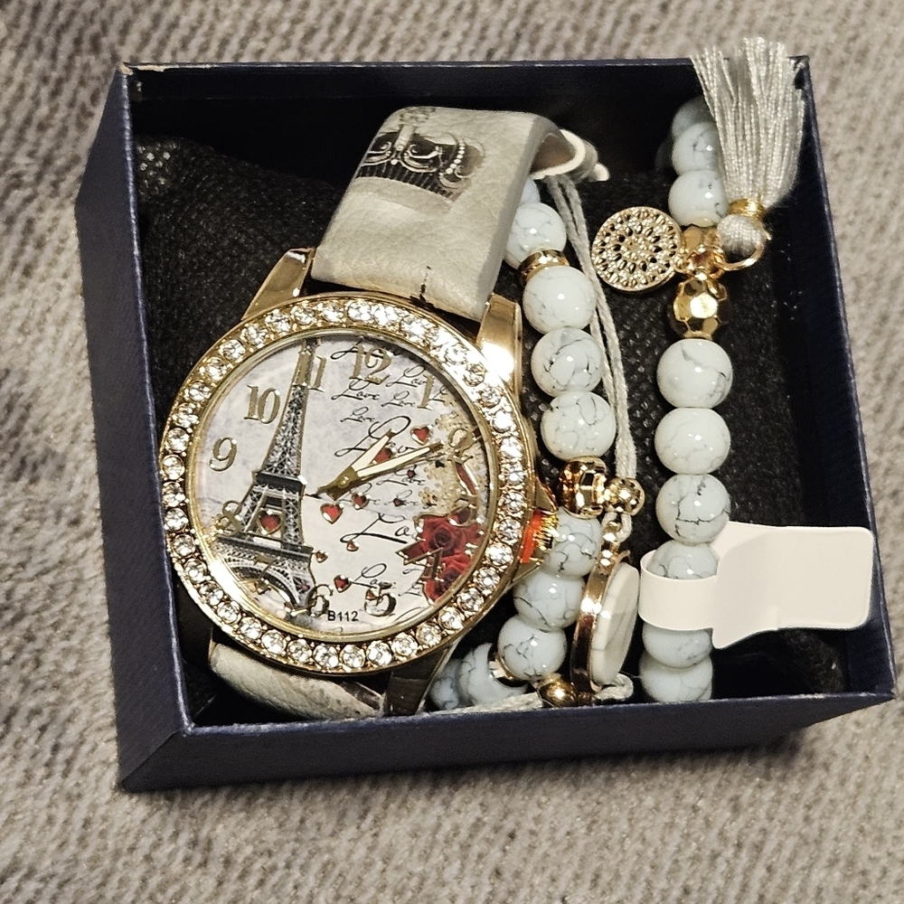 Paris Themed Watch Bracelet Set Women's 1 Watch 4 Bracelets BRAND NEW - Picture 2 of 3